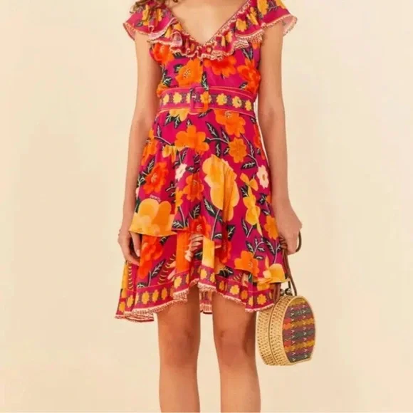 Farm Rio Pink Flowers Tapestry Mini Dress Size XS - Picture 2 of 15